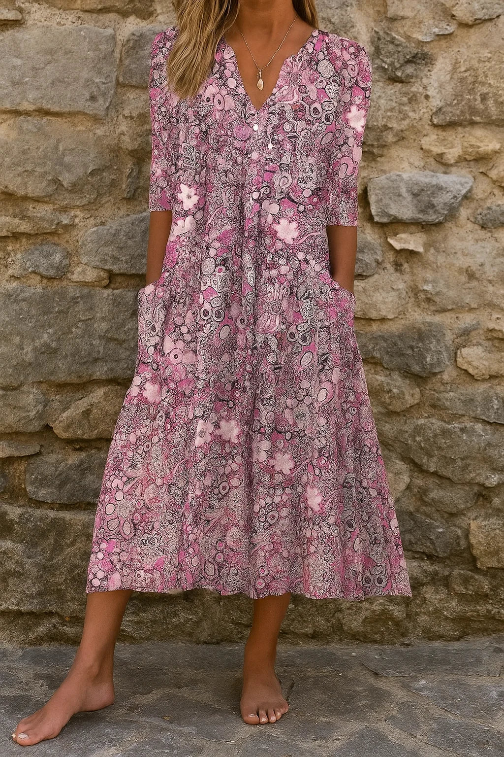 Vestido floral elegante com decote em V