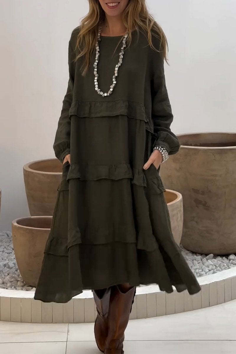 Vestido casual de mulher em algodão e linho com gola redonda e cor sólida