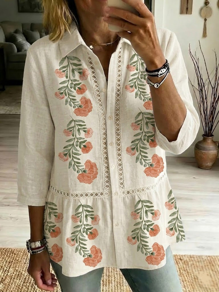 Camisa casual de mulher em algodão com estampado floral vintage e gola dobrável