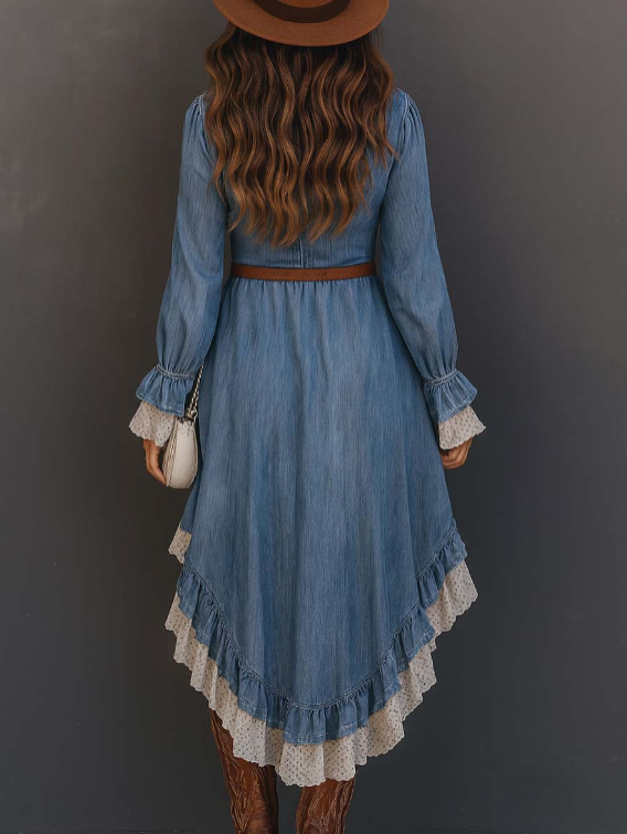 Vestido midi de ganga com barra irregular e detalhes em renda