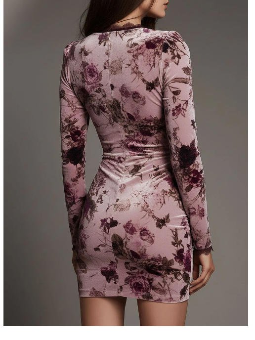 Vestido elegante de veludo plissado floral cor blush