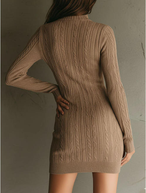 Vestido de malha entrançada com decote em V e meio fecho na cor camel