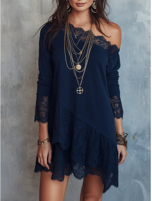 Vestido retro de renda com ombros à mostra