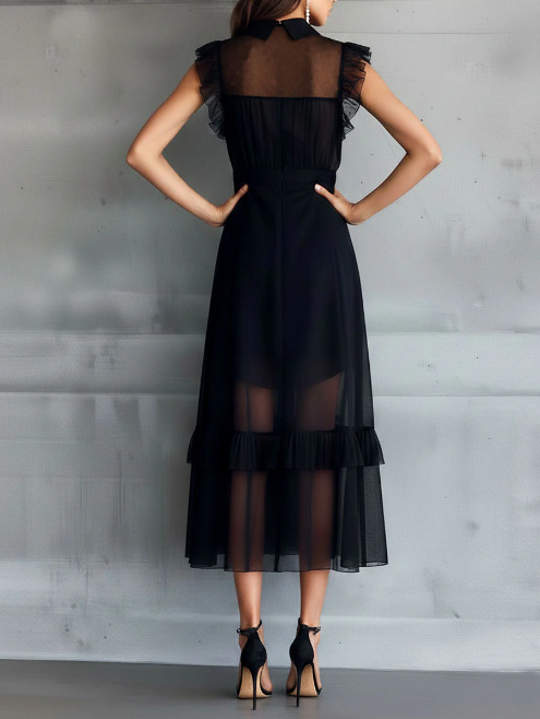 Elegante vestido midi em chiffon preto transparente com folhos.
