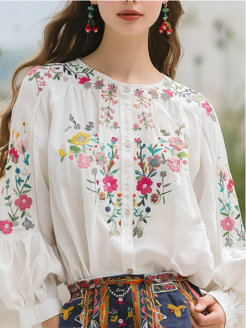 Camisa de manga comprida em algodão e linho com bordado floral