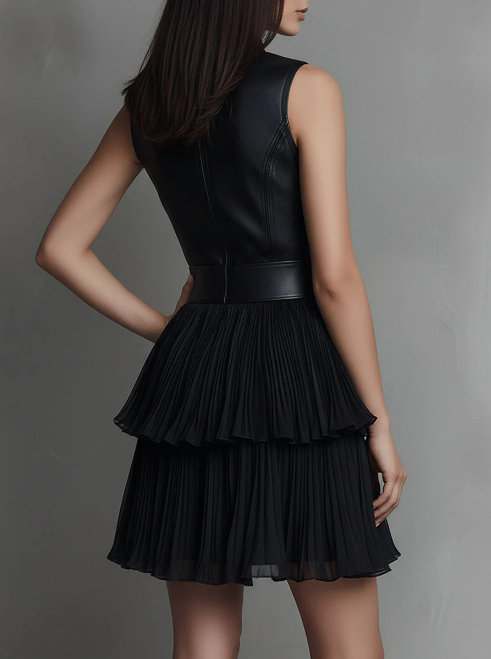 Vestido curto chique em ecopele preta e saia plissada em camadas