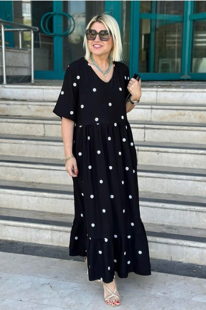 Vestido comprido em algodão com decote em V e bordado às bolinhas preto