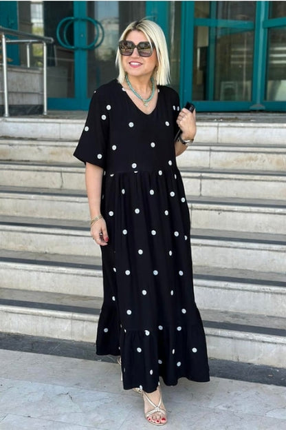 Vestido comprido em algodão com decote em V e bordado às bolinhas preto