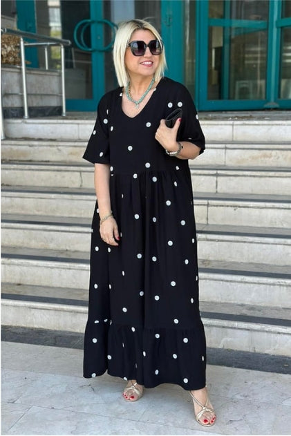 Vestido comprido em algodão com decote em V e bordado às bolinhas preto