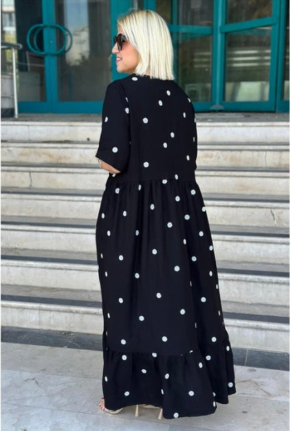 Vestido comprido em algodão com decote em V e bordado às bolinhas preto