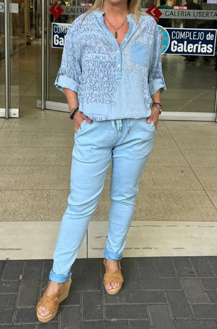 Conjunto de duas peças casual primavera para mulher com letras estampadas camisa slim fit leggings