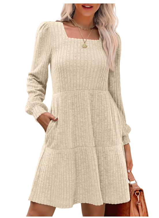 🎅Oferta Especial de Fim de Ano⏰Vestido canelado para mulher com decote quadrado e mangas abalonadas | Exalando elegância para o outono/inverno! 🍁