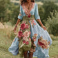 Vestido comprido vintage floral para mulher com decote em V em mistura de linho