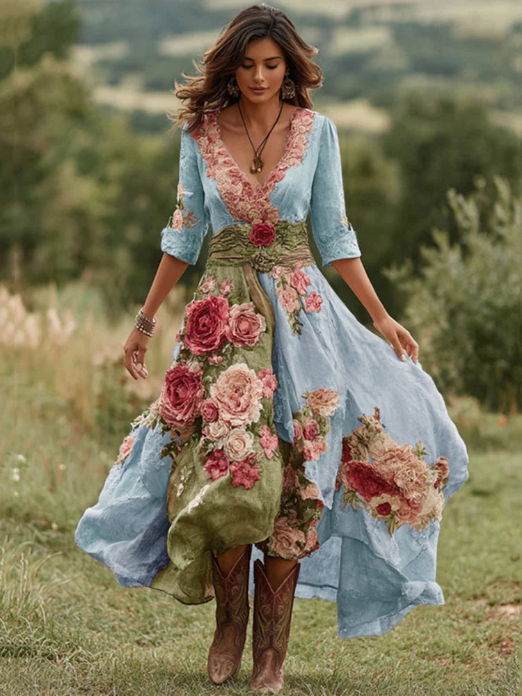 Vestido comprido vintage floral para mulher com decote em V em mistura de linho