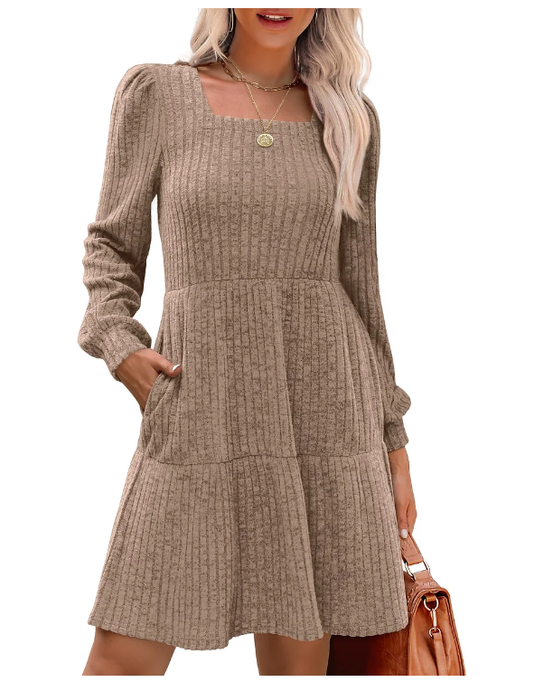 🎅Oferta Especial de Fim de Ano⏰Vestido canelado para mulher com decote quadrado e mangas abalonadas | Exalando elegância para o outono/inverno! 🍁
