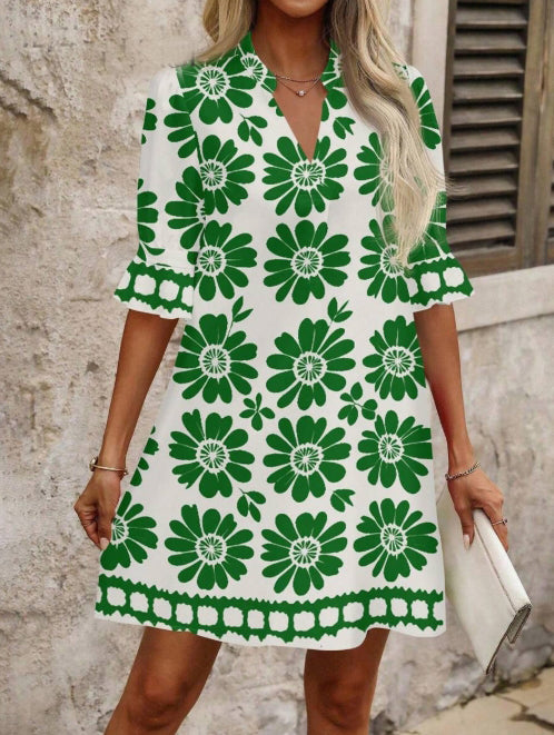 Vestido casual com estampado resort azul e branco