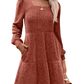 🎅Oferta Especial de Fim de Ano⏰Vestido canelado para mulher com decote quadrado e mangas abalonadas | Exalando elegância para o outono/inverno! 🍁