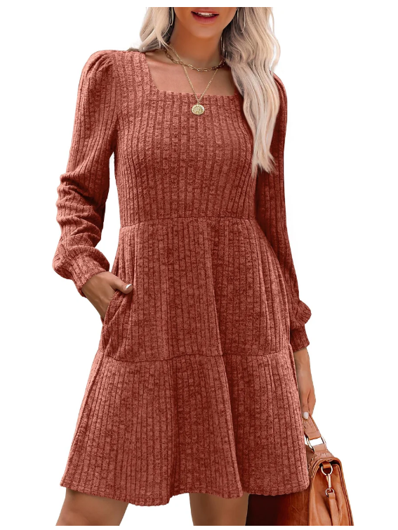 🎅Oferta Especial de Fim de Ano⏰Vestido canelado para mulher com decote quadrado e mangas abalonadas | Exalando elegância para o outono/inverno! 🍁