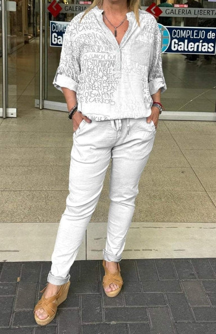 Conjunto de duas peças casual primavera para mulher com letras estampadas camisa slim fit leggings