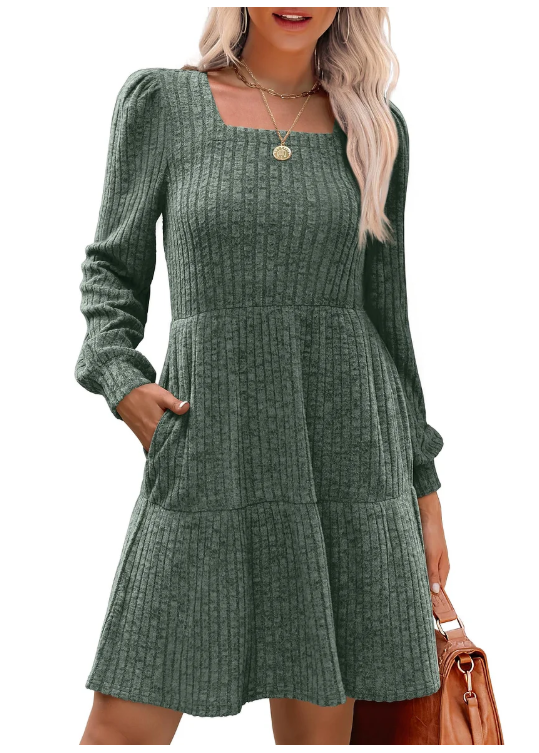 🎅Oferta Especial de Fim de Ano⏰Vestido canelado para mulher com decote quadrado e mangas abalonadas | Exalando elegância para o outono/inverno! 🍁