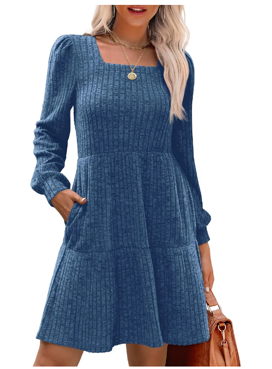 🎅Oferta Especial de Fim de Ano⏰Vestido canelado para mulher com decote quadrado e mangas abalonadas | Exalando elegância para o outono/inverno! 🍁