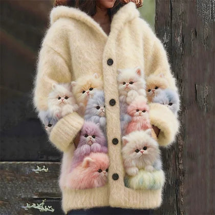 Cardigan com capuz fofo, macio e colorido com estampado de gatos