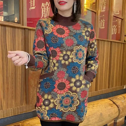 [M-6XL] 2024 novos tops com estampado retro de veludo ousado outono inverno