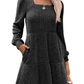 🎅Oferta Especial de Fim de Ano⏰Vestido canelado para mulher com decote quadrado e mangas abalonadas | Exalando elegância para o outono/inverno! 🍁