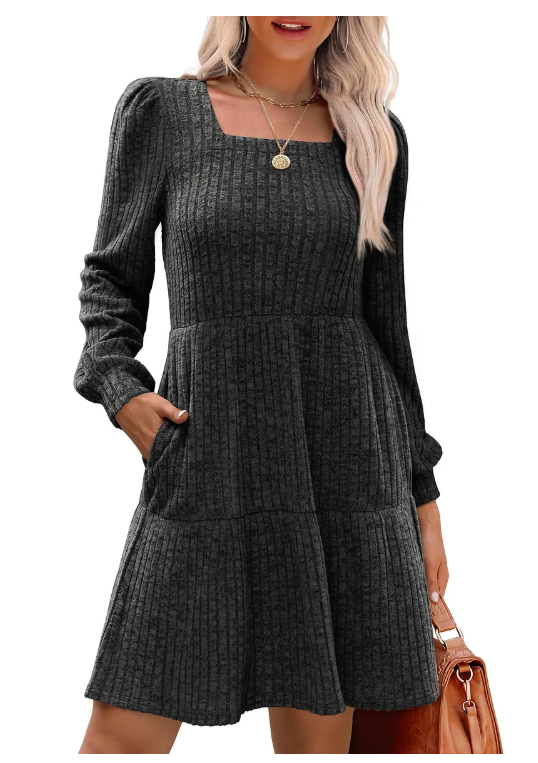 🎅Oferta Especial de Fim de Ano⏰Vestido canelado para mulher com decote quadrado e mangas abalonadas | Exalando elegância para o outono/inverno! 🍁