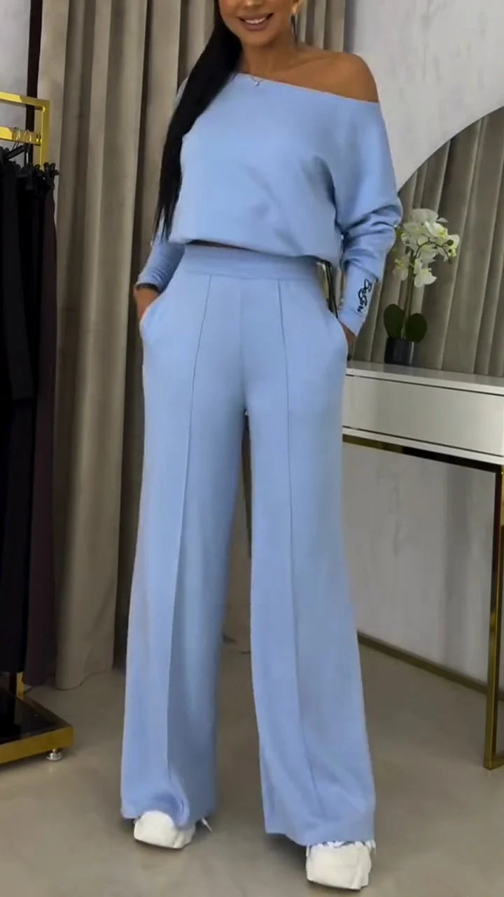Conjunto de blusa ombro a ombro larga e calças casuais para menina