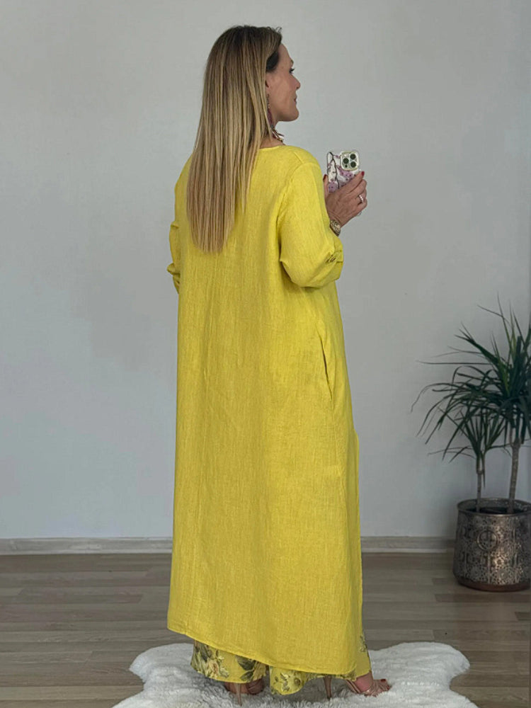 Fato casual de algodão e linho com blusa irregular e calças largas