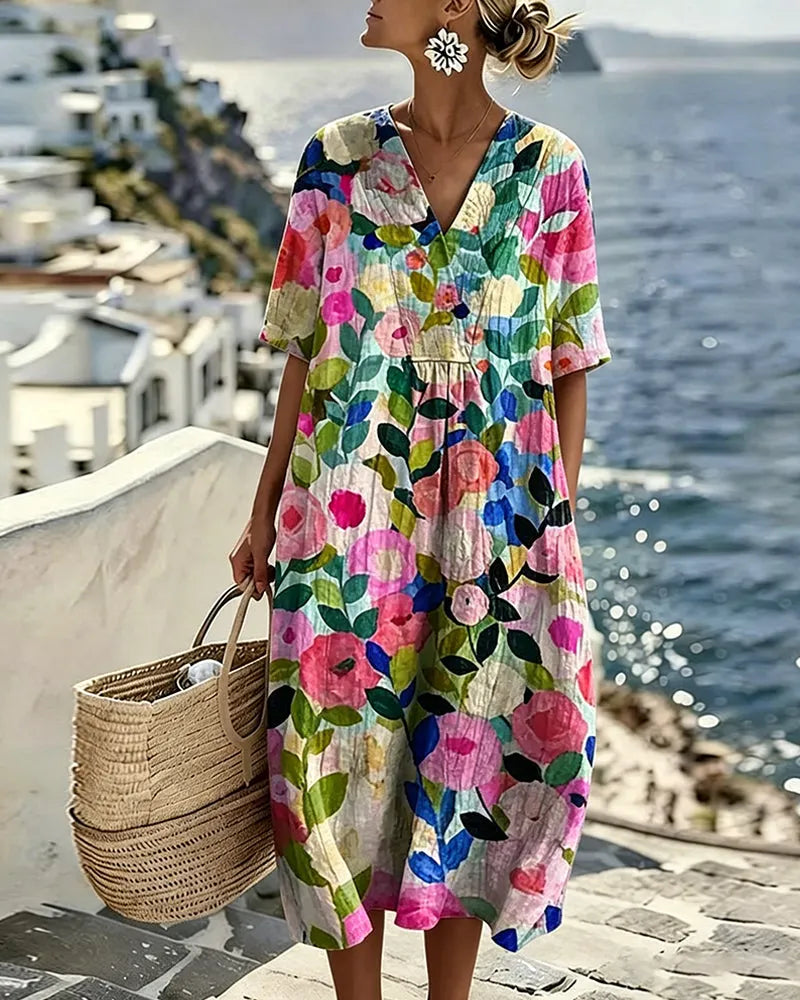 Vestido com decote em V e estampado floral estilo aguarela