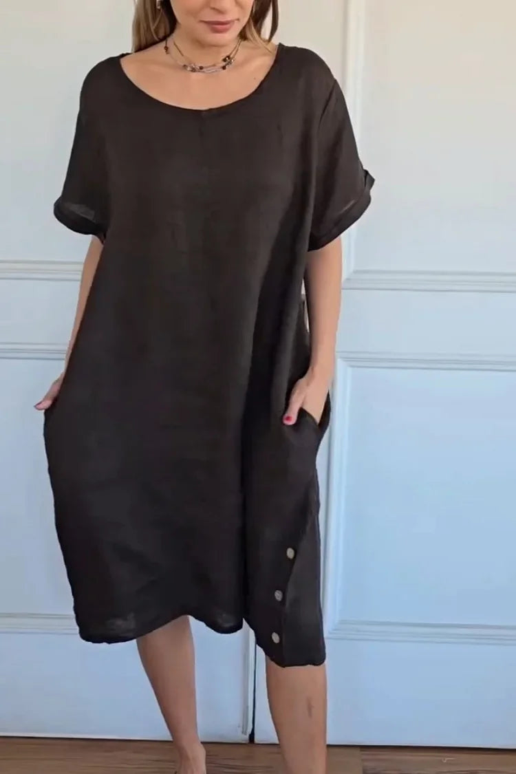 Vestido de linho de manga curta e gola redonda, modelo 2026