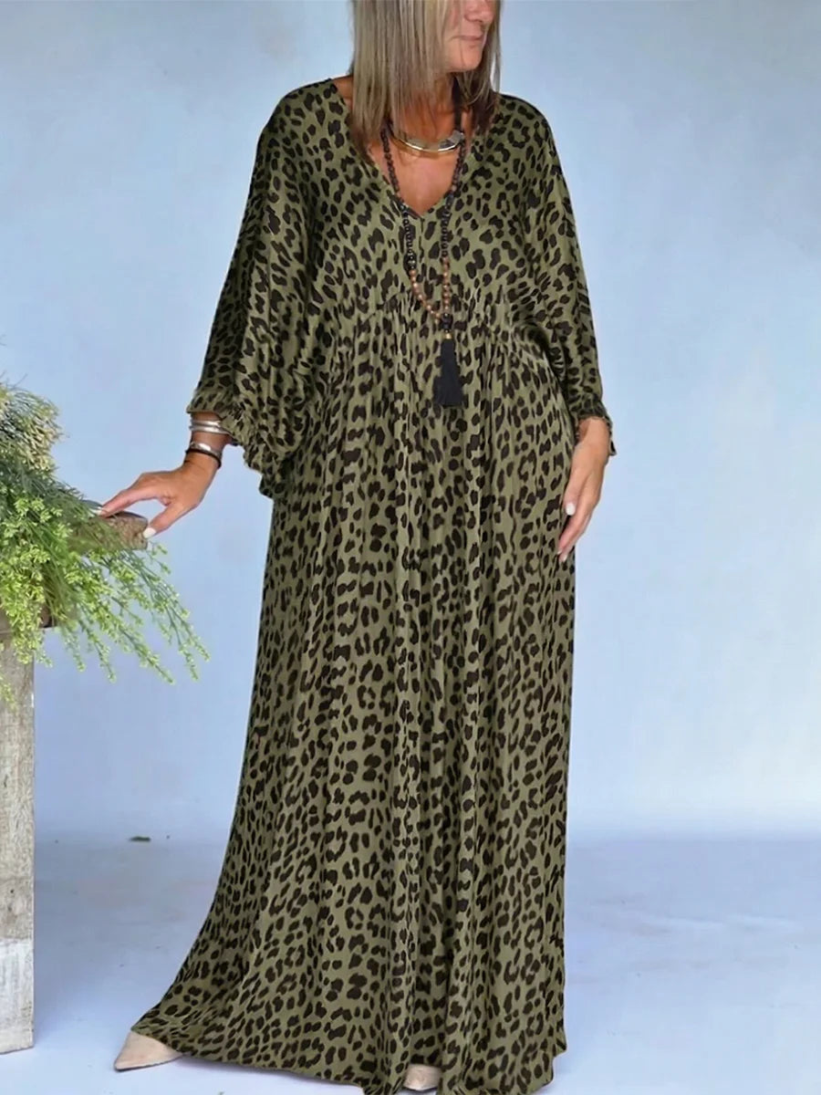 Vestido largo, elegante e confortável com padrão leopardo