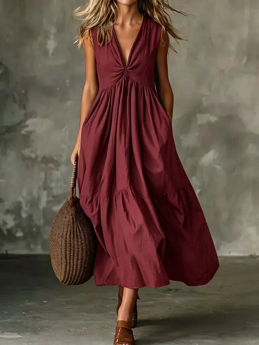 ✨Novidade – Vestido feminino com decote em V, pregas e bolsos – leve e arejado, perfeito para passeios na praia.