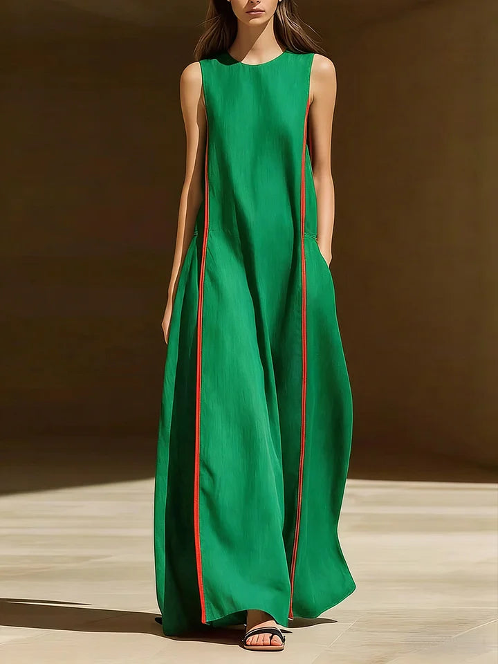 Vestido casual de mulher, em algodão e linho, sem mangas, com gola redonda