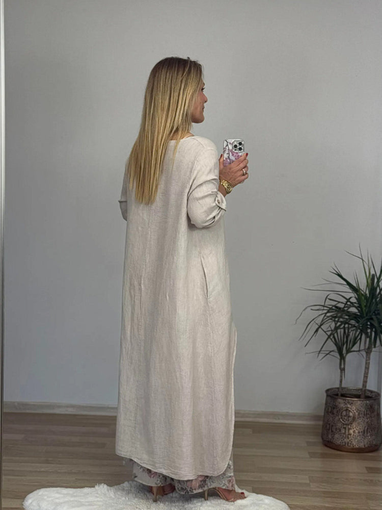 Fato casual de algodão e linho com blusa irregular e calças largas