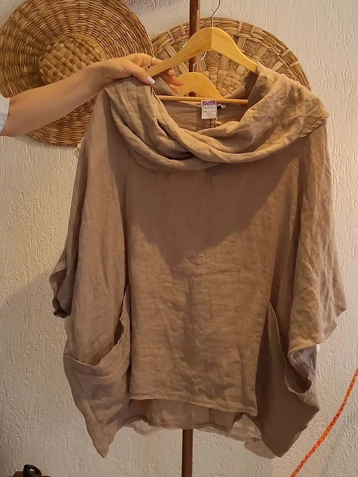 Blusa de linho para mulher, casual e confortável, com mangas a três quartos e bolso
