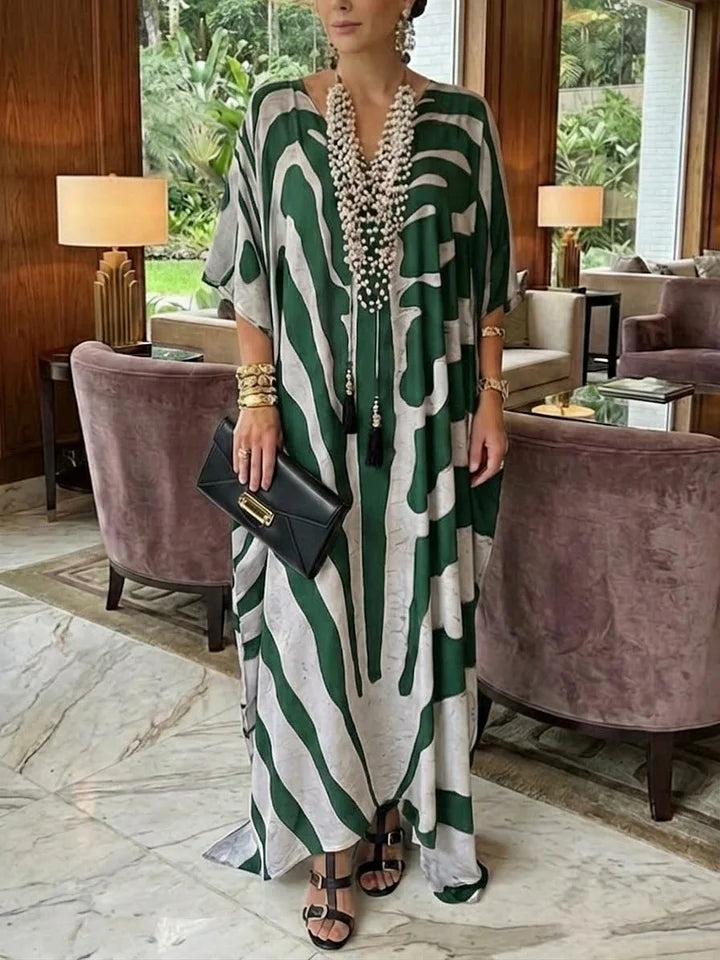 Vestido comprido folgado casual boémio com estampa animal