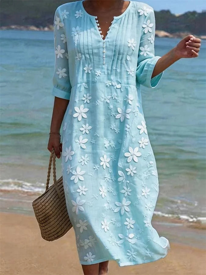Vestido casual de mulher em linho com estampado floral