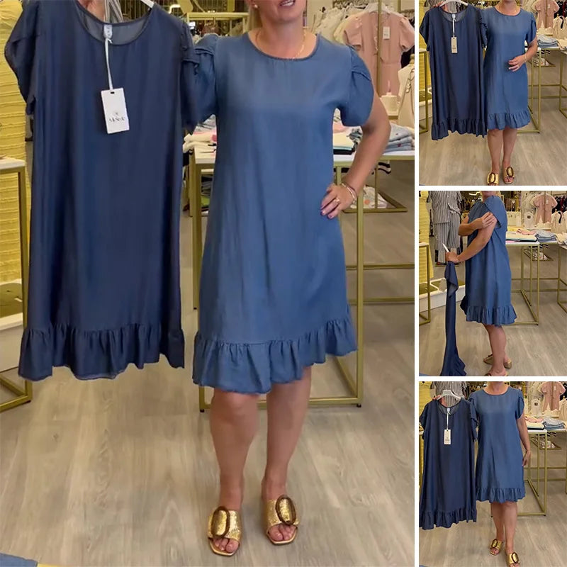 Vestido casual de ganga de manga curta e gola redonda