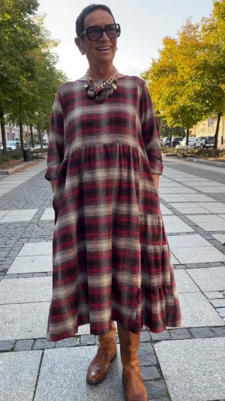 💥🔥👗【S-5XL】Vestido solto xadrez retro com manga a três quartos