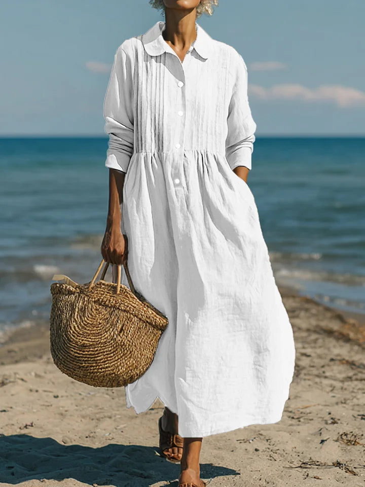 Vestido casual de mulher em linho e algodão com bolso plissado