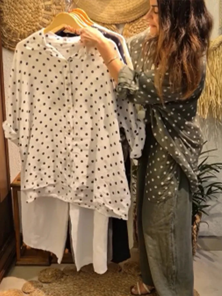 Conjunto casual de duas peças em linho e algodão com estampado de bolinhas