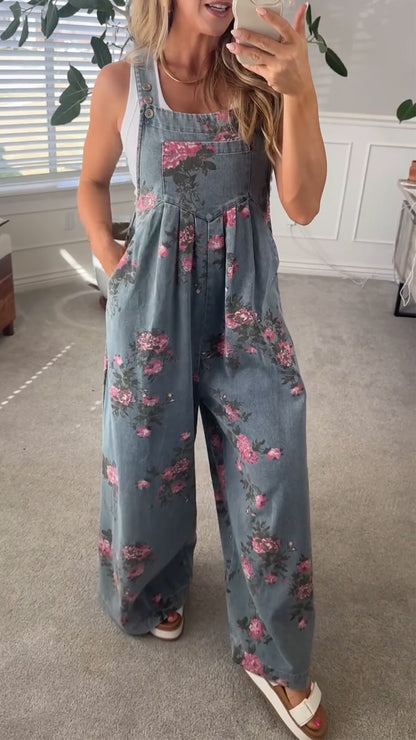 Macacão de ganga casual com bolso estampado para mulher de verão