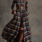 Vestido comprido xadrez castanho-avermelhado com gola estilo retro