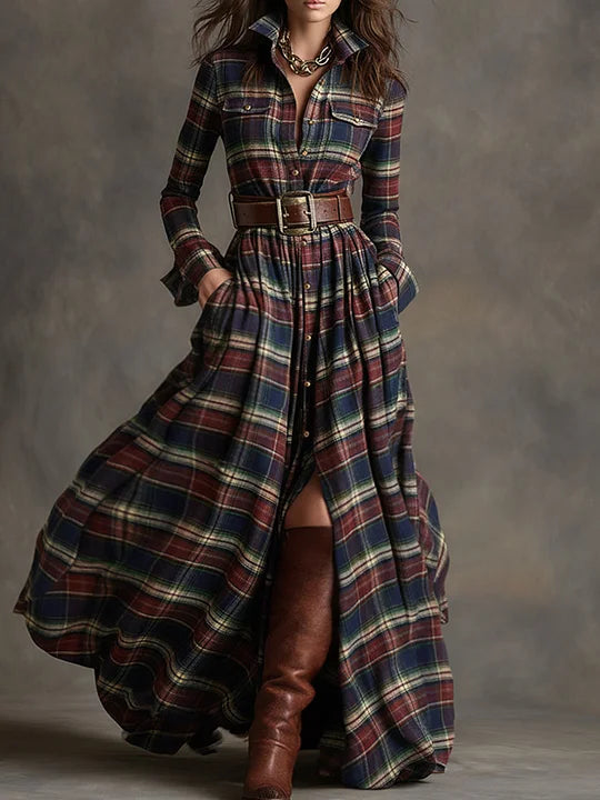 Vestido comprido xadrez castanho-avermelhado com gola estilo retro