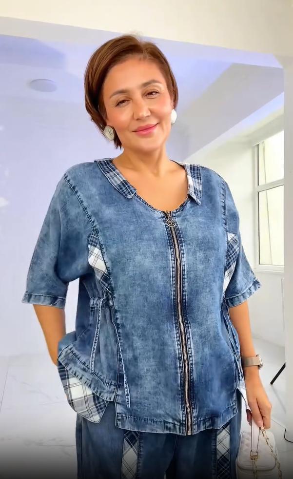 Conjunto de calças de verão para mulher com decote redondo e fecho