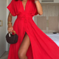 Vestido midi para mulher com decote em V e detalhe de atilhos