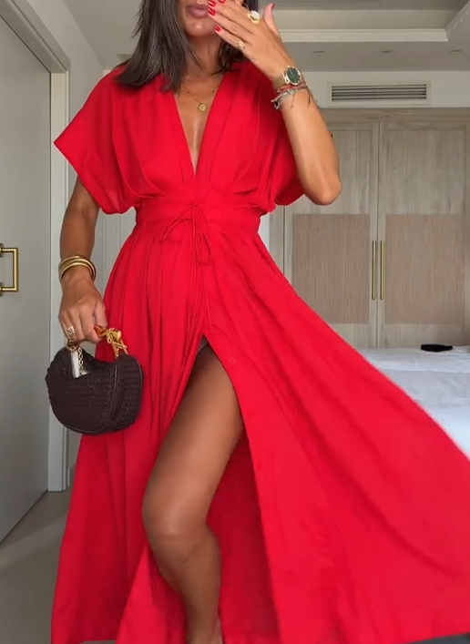 Vestido midi para mulher com decote em V e detalhe de atilhos